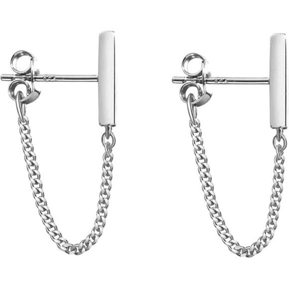 Solid 925 Sterling Silver Stud Earrings Minimalist Bar Earrings - Picture 8 of 14